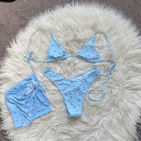 SOLY HUX 3 Piece Triangle Bikini Set with Mesh Cover Up Beach Skirt Blue Floral - Picture 9 of 11